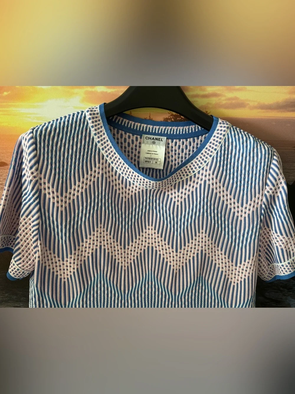 Chanel Authentic Cruise Blue/Pink/White Zigzag Pattern  Knit Top/36/ New